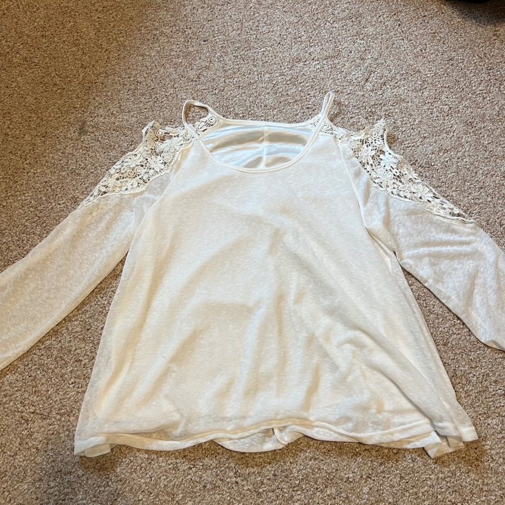 White Cold Shoulder Lace Crochet Long Sleeve Top XL Boho Slub Knit Blouse